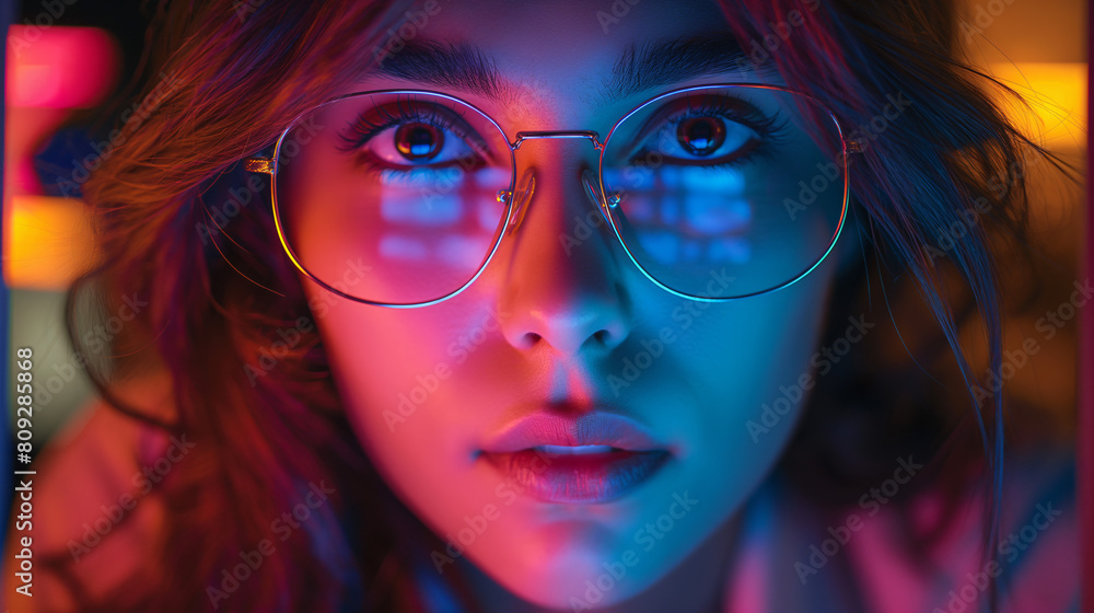 A woman with glasses gazes confidently at the camera, emanating intelligence and poise A woman with glasses gazes confidently at the camera, emanating intelligence and poise