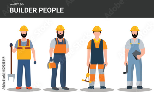 set of male Technician and builders construction workers in helmets. Vector flat illustration of diverse people working in building industry