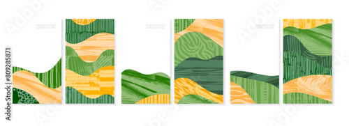 Abstract agriculture field or farm card background. Vineyard valley pattern, spring countryside landscape, ecology poster template. Summer nature backdrop, organic design set, eco green flyer layout