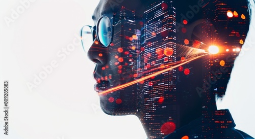 A double exposure of the silhouette profile of an Asian man wearing glasses, with digital city lights and lines on a white background Generative AI photo