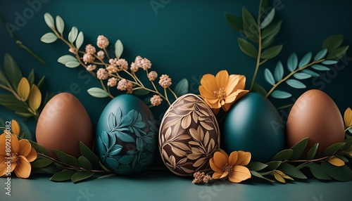easter egg floral border blue print in the style of dark green and amber minimalist backgrounds realistic detailed rendering nature morte generative ai photo