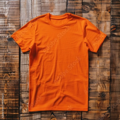 T- shirt mockup on wooden background, Mock up for design and print, Front Orange T-shirt Mockup