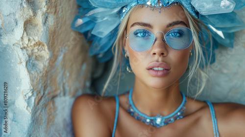 A woman exudes elegance and grace in a flowing blue dress and matching headdress as well as blue glasses, her presence commanding attention and awe photo