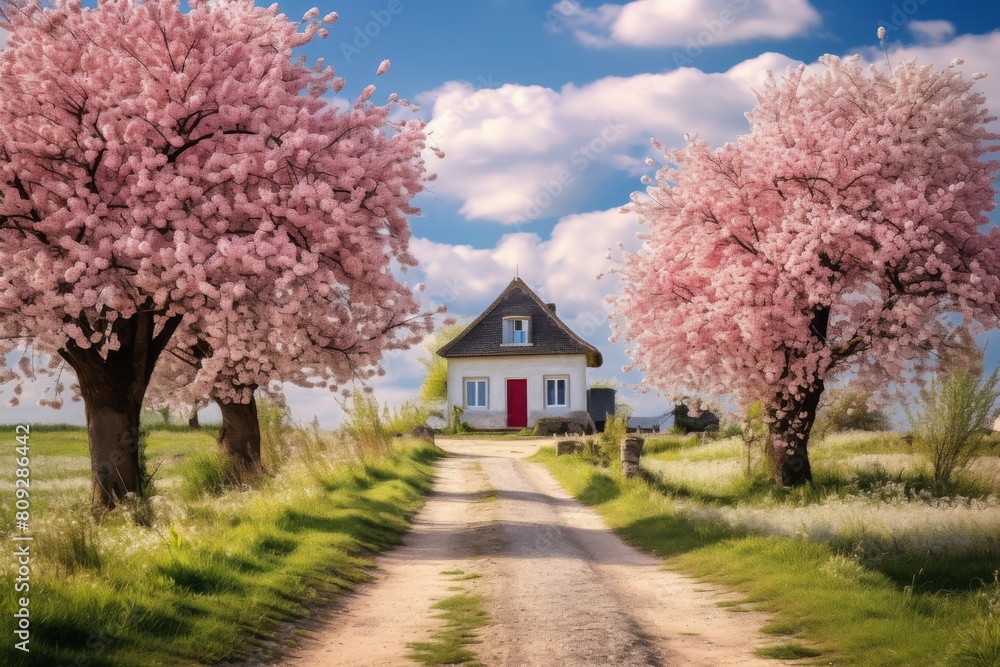 Idyllic Country House With Flourishing Pink Cherry Blossoms On A Sunny Day. Generative AI Idyllic Country House With Flourishing Pink Cherry Blossoms On A Sunny Day. Generative AI
