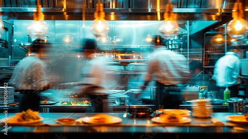 Blurred kitchen restaurant with people working behind glass wall, Chef and sous chef , generated AI