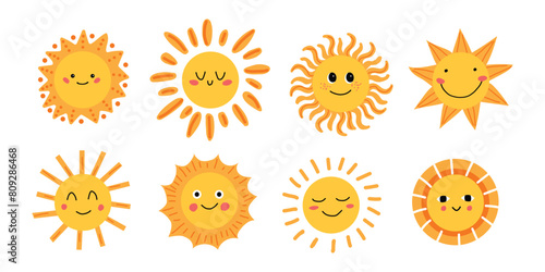 Cute Sun vector illustration set. Sun with different rays and emotions. Children's flat illustration. Sunshine clip art graphics Hand-drawn Digital Illustrations. White isolated background. © Hanna Perelygina