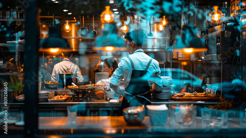 Blurred kitchen restaurant with people working behind glass wall  Chef and sous chef   generated AI