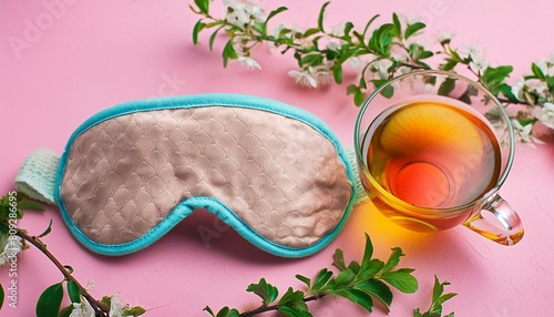sleeping mask and herbal tea on pink pastel background minimal concept of rest quality of sleep good night insomnia relaxation