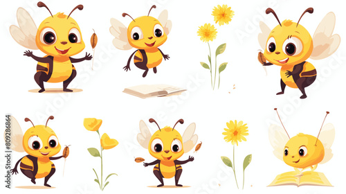 Set of smiling cute cartoon bee character isolated