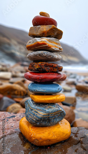 Tower of colorful rocks. Zen stones stacked on each other photo