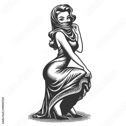 woman in traditional burqa niqab attire, reflecting cultural clothing styles sketch engraving generative ai fictional character vector illustration. Scratch board imitation. Black and white image.