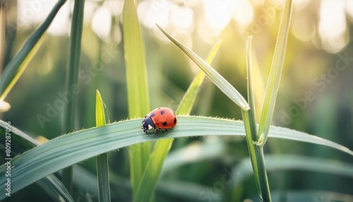ladybug crawling on green grass morning plant background close up