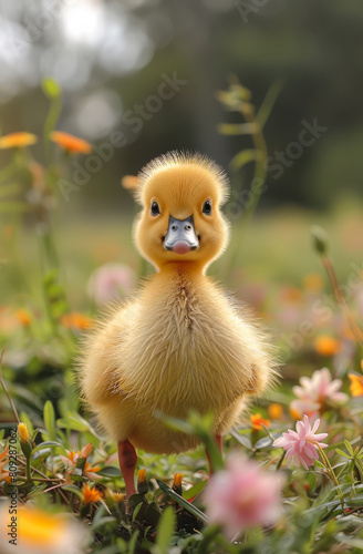 Cute little yellow duckling walking on the grass © Анна Терелюк