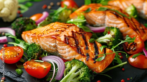 Grilled salmon fish fillet and fresh green leafy vegetable salad with tomatoes,. Generative Ai
