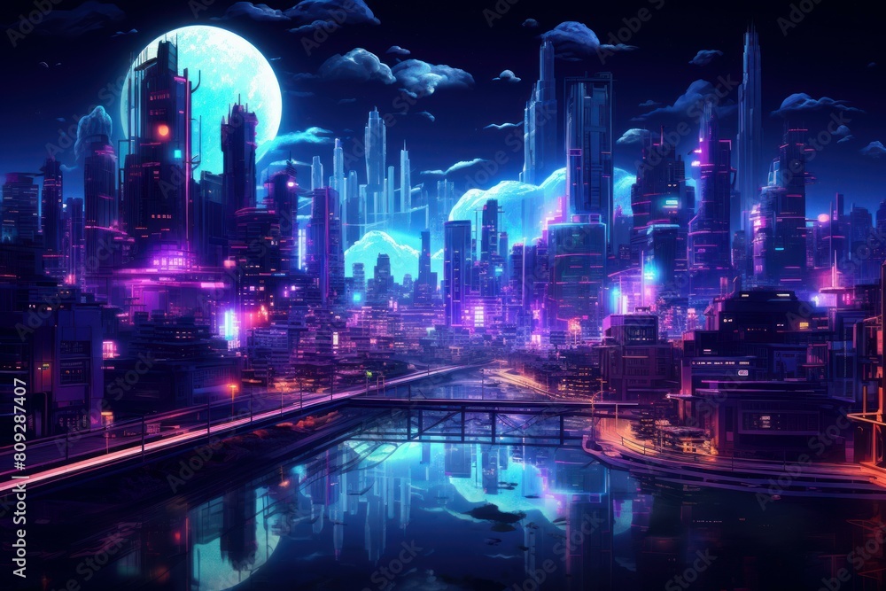 Fototapeta premium Vibrant neon lights illuminate a futuristic city with a large moon backdrop