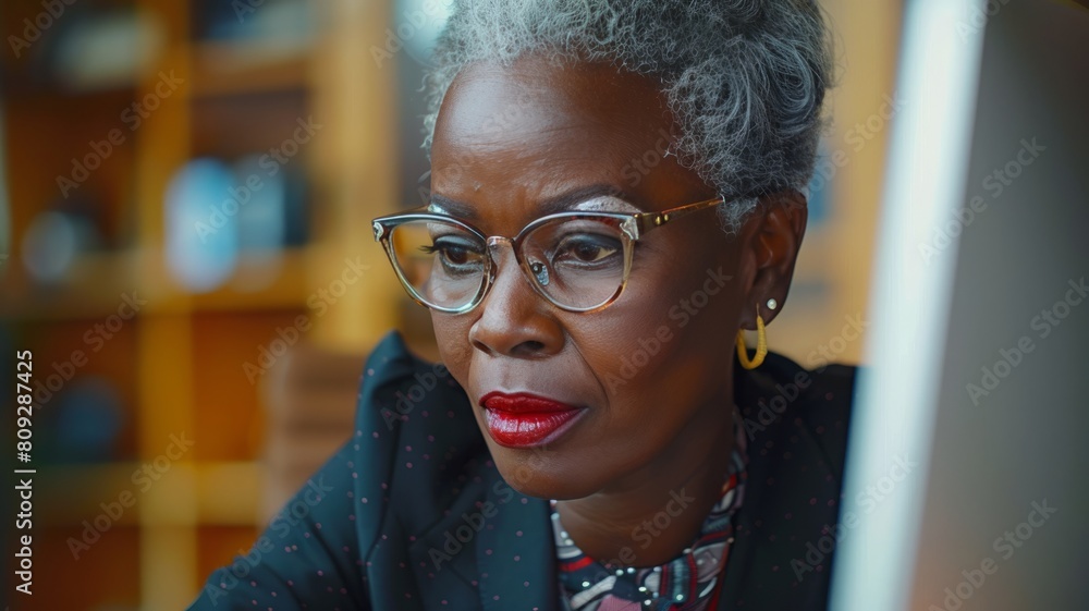 Elegant Senior Businesswoman Focused on Work, Wisdom and Experience in Modern Workplace Elegant Senior Businesswoman Focused on Work, Wisdom and Experience in Modern Workplace