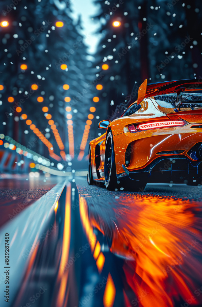 Orange sports car drives on the road with lights on in winter forest with snow