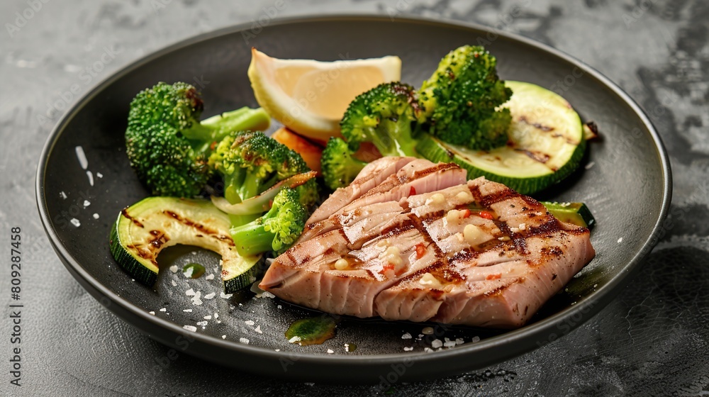 Grilled tuna steak with broccoli and zucchini in modern ceramic plate. Generative Ai Grilled tuna steak with broccoli and zucchini in modern ceramic plate. Generative Ai