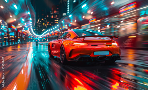 Red sport car driving in the city at night. Fast driving concept © Анна Терелюк