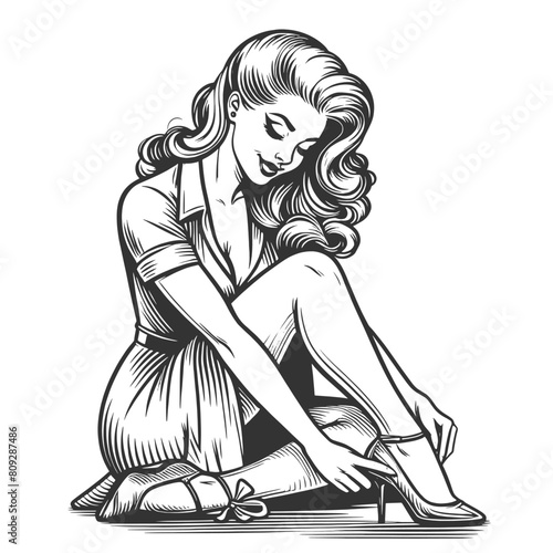 pin-up girl seated in a seductive pose, showcasing timeless beauty and style sketch engraving generative ai fictional character vector illustration. Scratch board imitation. Black and white image.