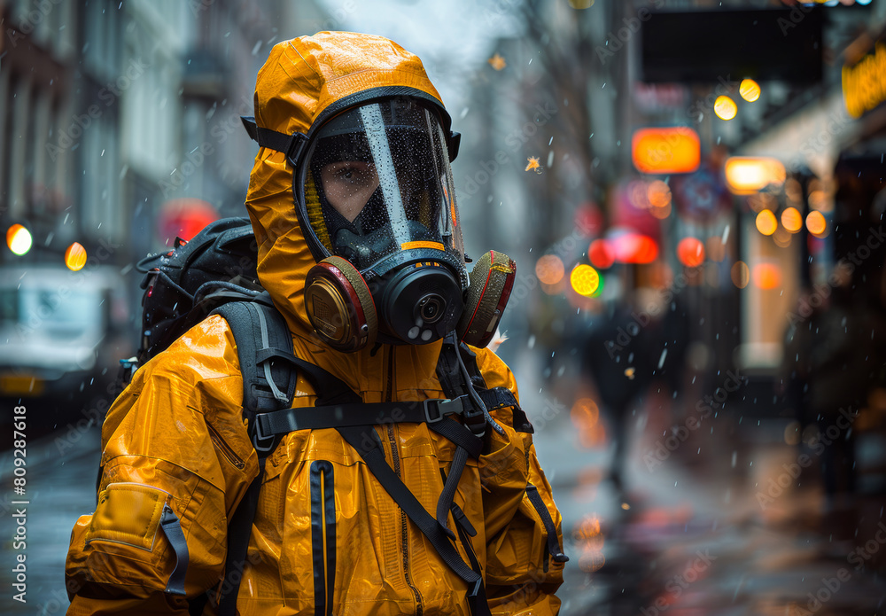Man in gas mask and yellow protective suit. The concept of chemical attack Man in gas mask and yellow protective suit. The concept of chemical attack