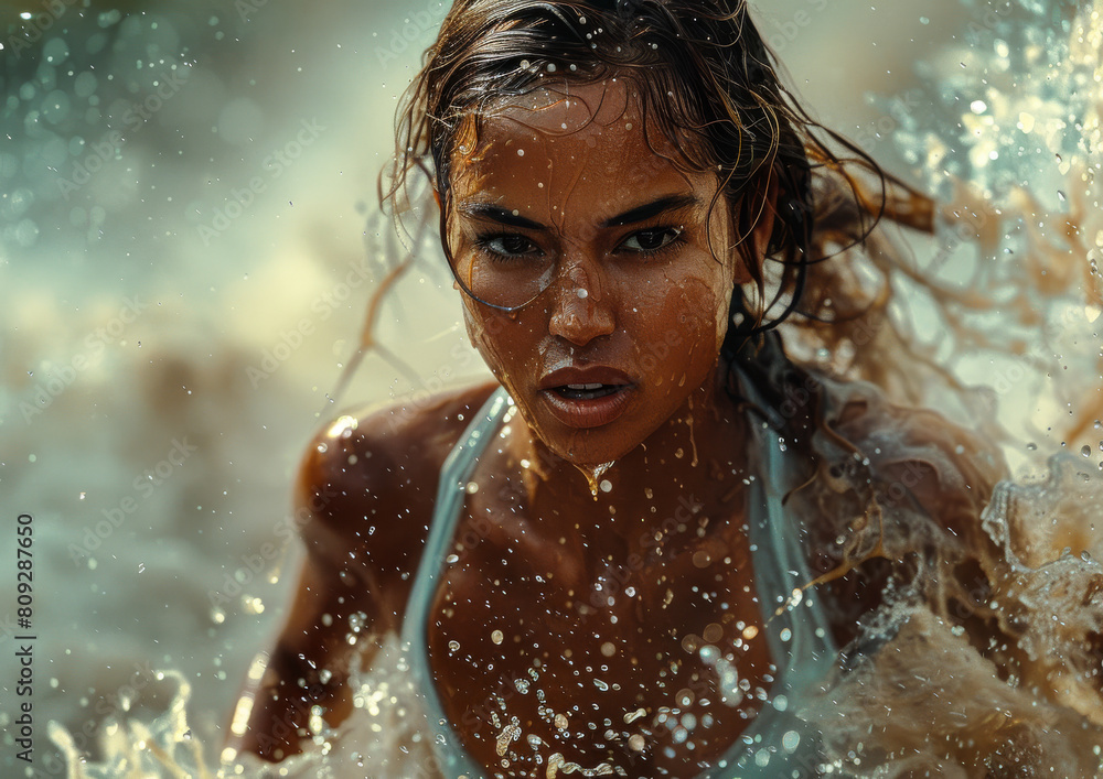 Woman running through the water with her hair and body covered in water