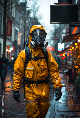 Man in yellow protective suit walks down the street