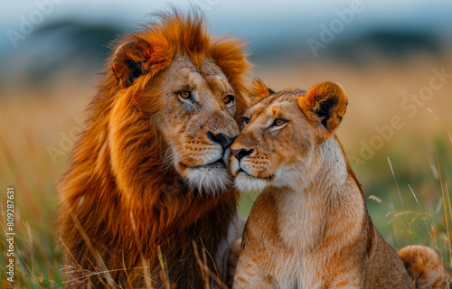 Lion and lioness in the grass. Animals in the wild