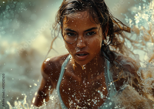 Woman running through the water with her hair and body covered in water