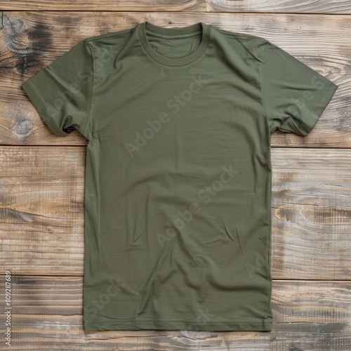 T- shirt mockup on wooden background, Mock up for design and print, Front Olive Green T-shirt Mockup