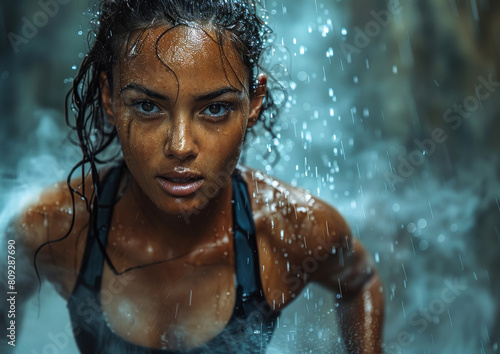 Sporty woman running under the rain. A sport photography of a fit women