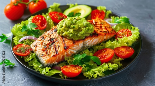 Grilled salmon fish fillet and fresh green lettuce vegetable tomato salad with avocado.Generative Ai