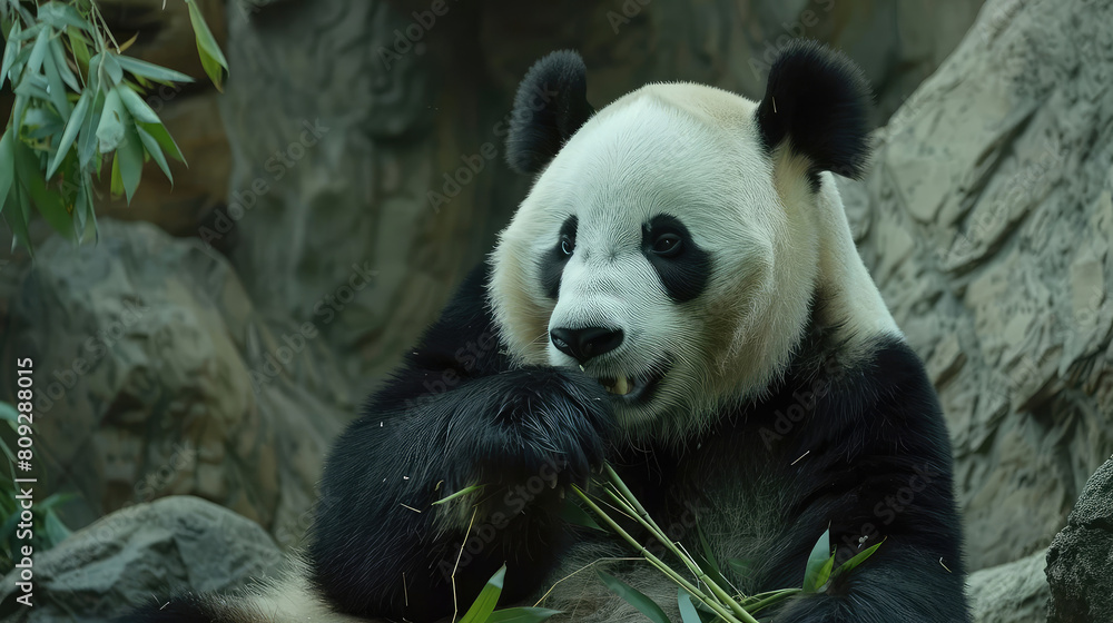 Obraz premium Enchanting sight as the panda relishes its meal with sheer delight.