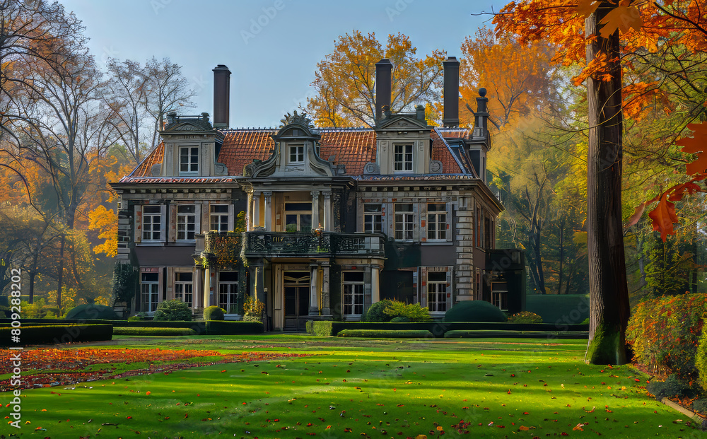 Beautiful old mansion in the autumn. Modern house with pool and garden.