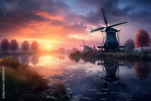 Majestic view of traditional dutch windmills against a vibrant sunset sky reflected in tranquil waters