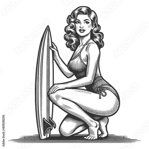 Hawaii flower pin-up girl woman with a surfboard, classic beach vibes allure of surfing culture sketch engraving generative ai fictional character vector illustration. Black and white image.
