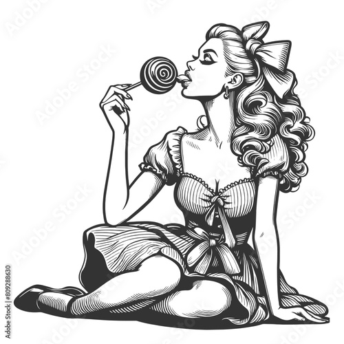 Pin-up girl woman eats swirl lollipop, evoking a sweet nostalgia sketch engraving generative ai fictional character vector illustration. Scratch board imitation. Black and white image.