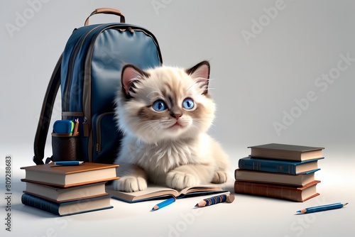 cute Ragdoll kitten with textbooks, backpack and other school supplies © Peredniankina