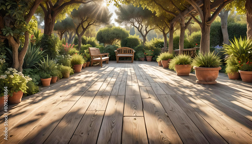 Terrasse aus Holz freie Fläche für Produkte Vorlage umgeben von grünen Pflanzen im Garten Sonne Strahlen Schein Licht Reflektion ruhig sommerlich mit gemütlicher Sitzgruppe mediterran warm still 