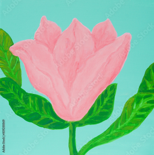 Pink magnolia on turquoise background 2 painting