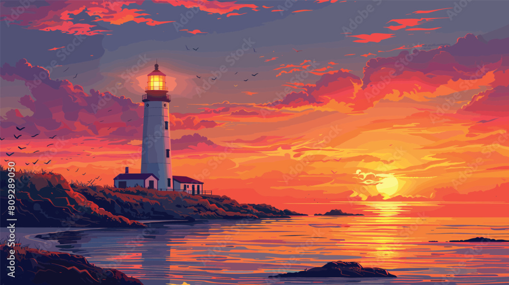 Lighthouse Landscape Vector Art, Scenic Sunset View with Lighthouse Overlooking Ocean.