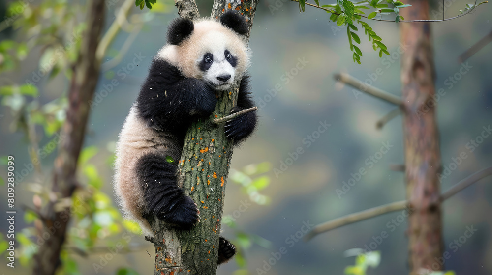 Fototapeta premium Adorable portrait of a panda enthusiastically climbing a tree in the local zoo.