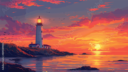 Lighthouse Landscape Vector Art, Scenic Sunset View with Lighthouse Overlooking Ocean.