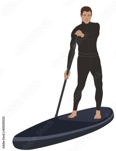 paddleboarding paddle boarding SUP, male standup paddler, wearing a wetsuit, paddling isolated on a white background