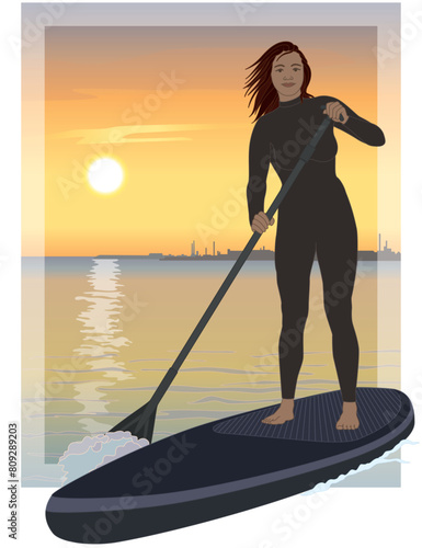 paddleboarding paddle boarding SUP, female standup paddler, wearing wetsuit, paddling on calm water with sunset in the background