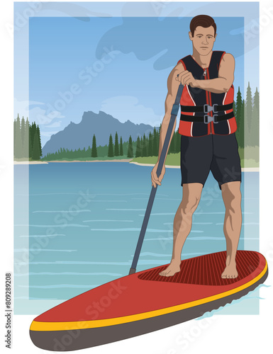 paddleboarding paddle boarding SUP, male standup paddler, wearing a life jacket, paddling on calm water with blue sky in the background