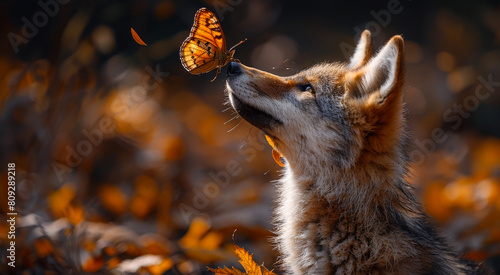 Fox and butterfly in the forest. Animal in nature playing with a butterfly on its nose and howling