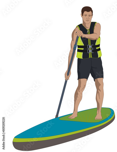 paddleboarding paddle boarding SUP, male standup paddler, wearing a life jacket, paddling isolated on a white background