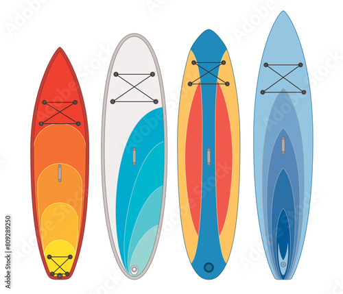 paddleboarding paddle boarding SUP, set of 4 boards and paddles in different styles isolated on a white background
