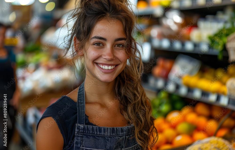 Portrait of beautiful young saleswoman or worker in supermarket